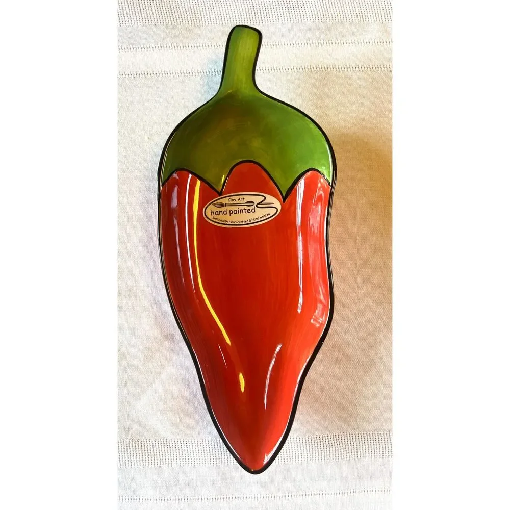 Clay Art 1999 Chili Fiesta Red and Green Handpainted Ceramic Tray Set